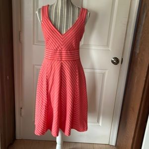 Adrianna Papell coral red textured stripe halter flare dress